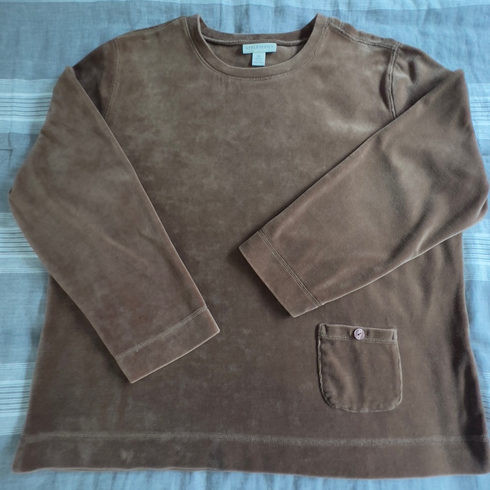 APPLESEEDS Velour Long Sleeve Top Autumn Warm Dark Tan Pocket Size XL EUC